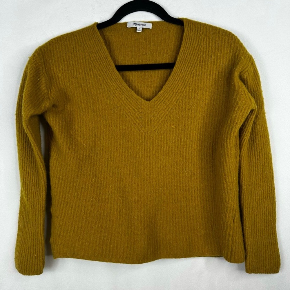 Madewell V-Neck Sweater Ribbed Knit Pullover‎ Casual Comfy Mustard Yellow M Wool